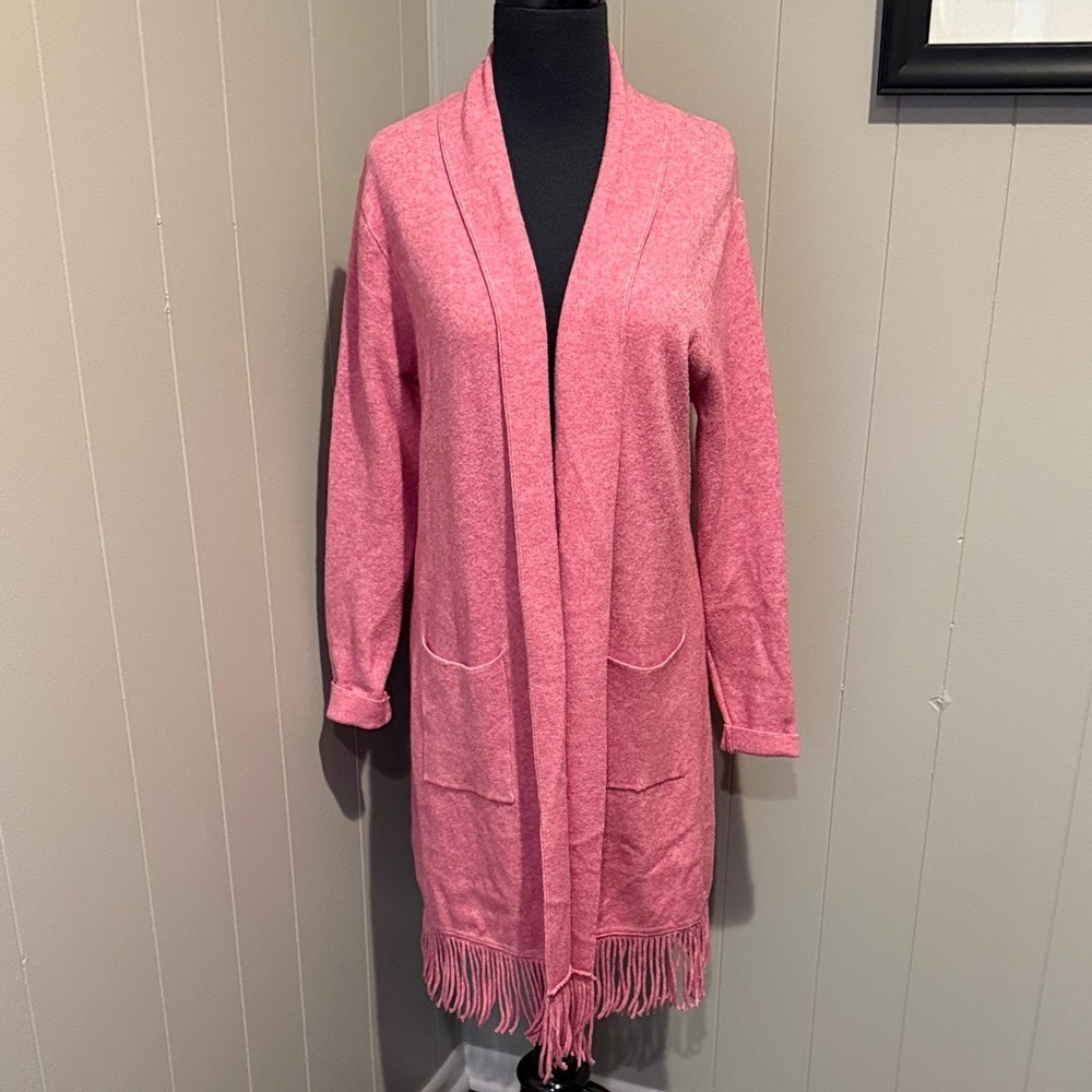 Brand Bazar Women Chic Heather Pink Open Front Cardigan Fringe Hem Casual Prep